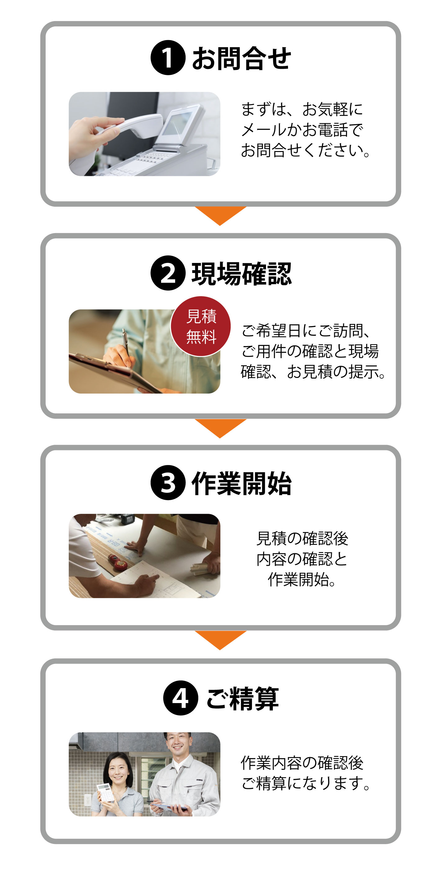 小さな事から大きな事まで柔軟に対応致します。お客様の立場になってお伺いします。お気軽にお問合せください。